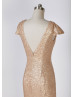 Cap Sleeves Champagne Sequin V Back Affordable Bridesmaid Dress
